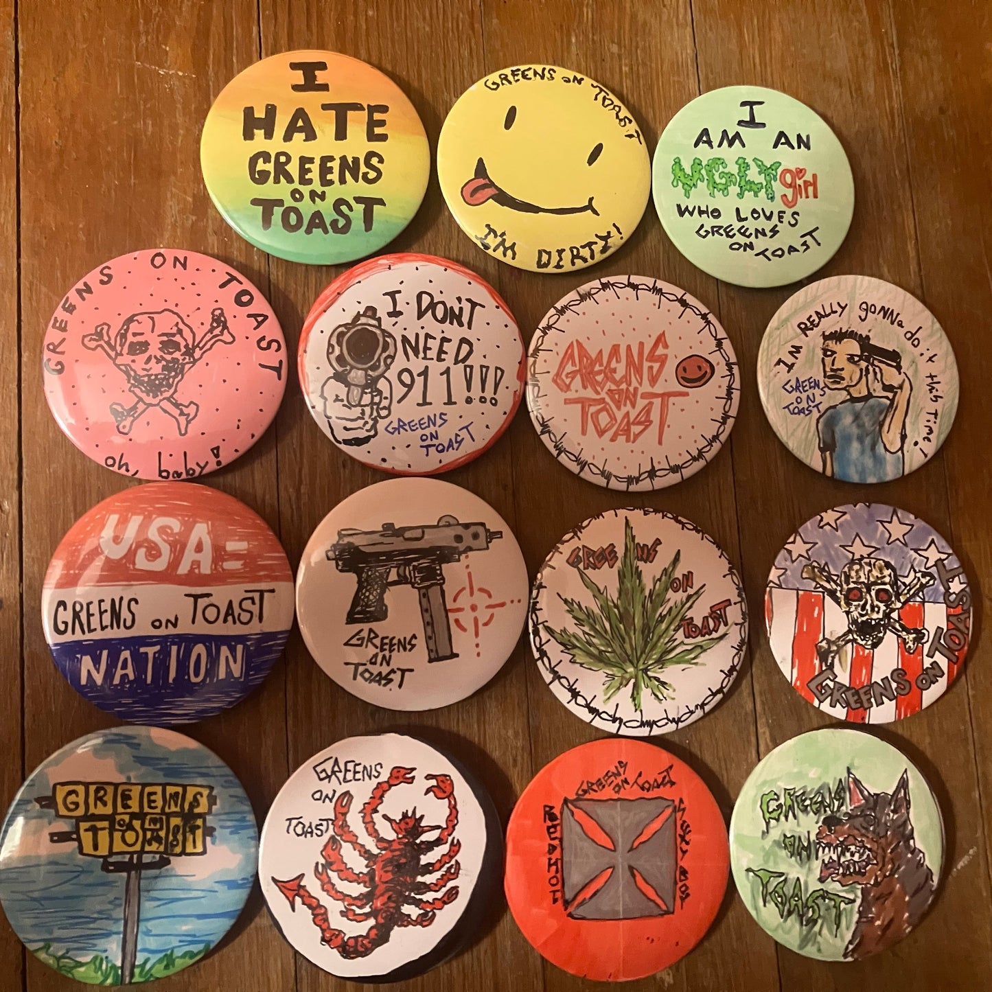 Greens on toast pin buttons