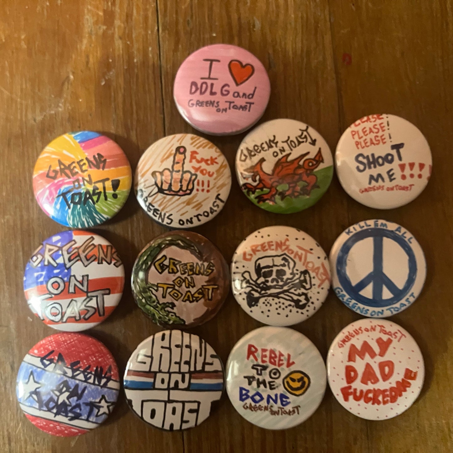 Greens on toast pin buttons