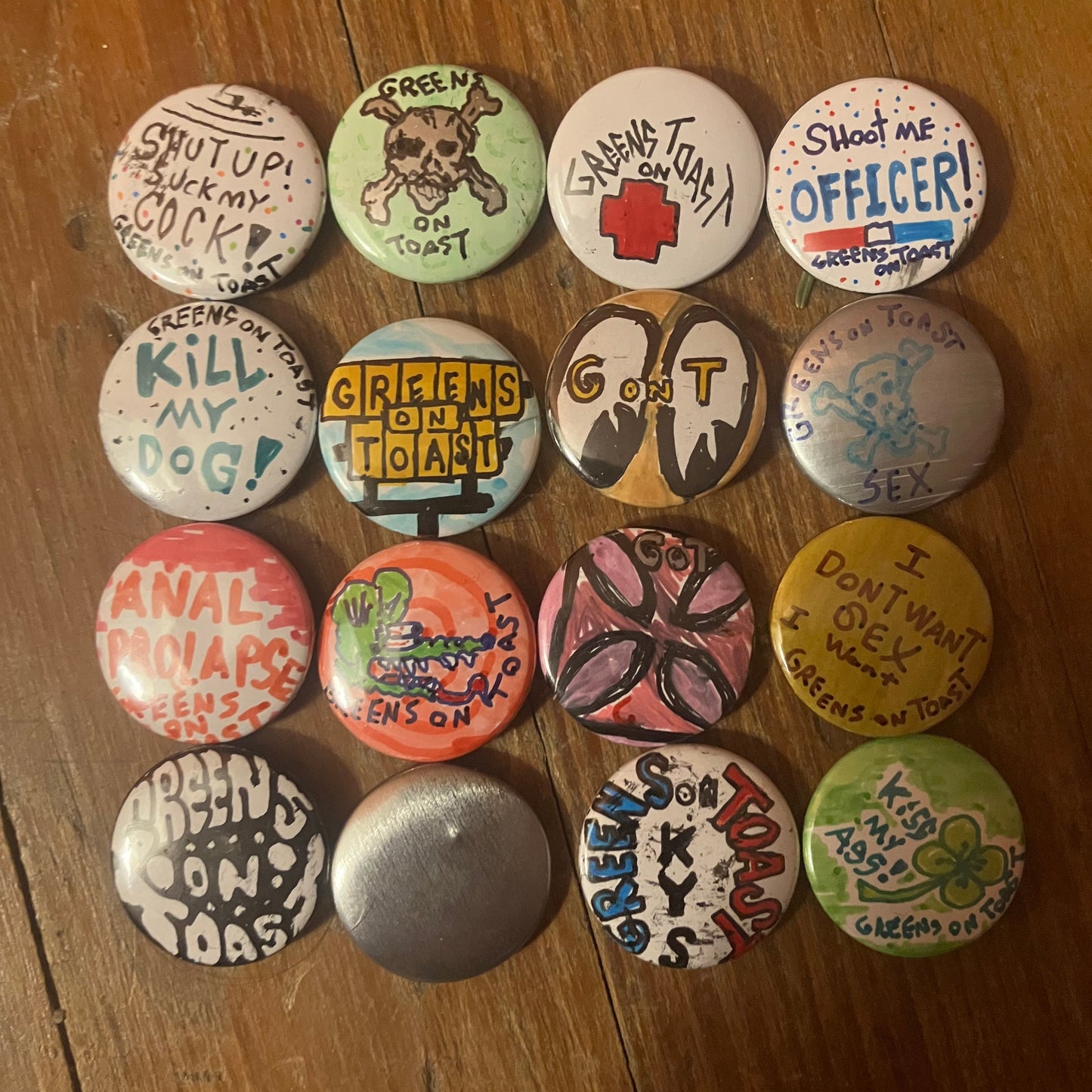 Greens on toast pin buttons